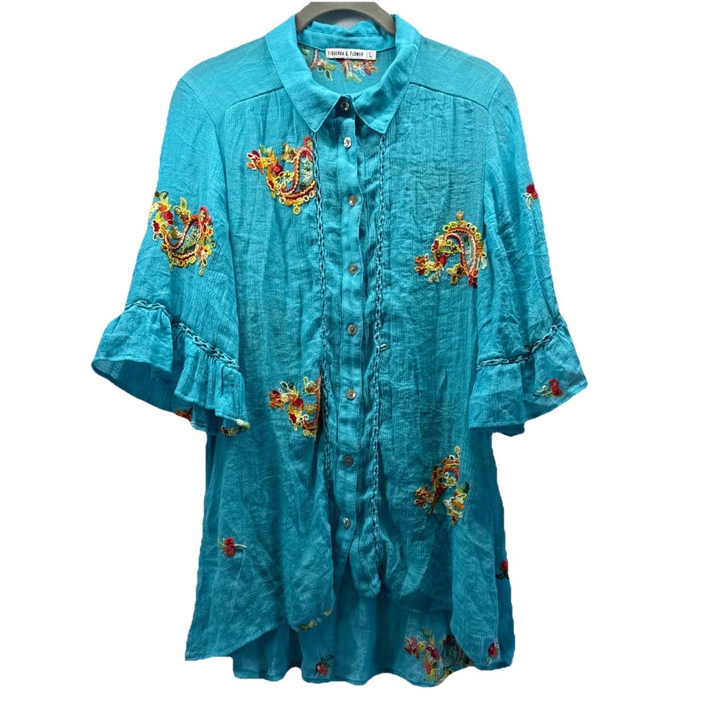 Figueroa & Flower Women's Top Large Blue Embroidered Colorful Ruffle Bohemian